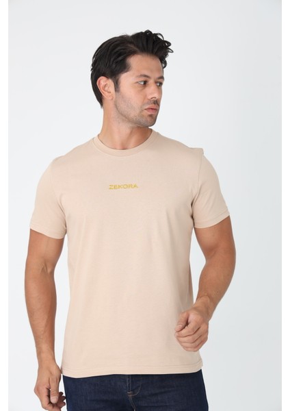 Bej Tişört - Ön Orta Kısımda Sarı Nakışlı "zekora" Yazı modelleri