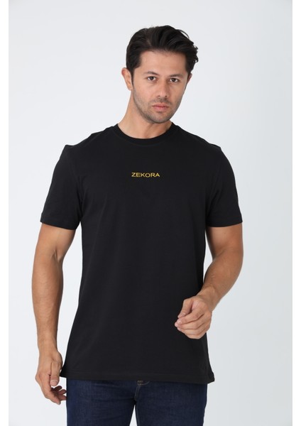 Siyah Tişört - Ön Orta Kısımda Sarı Nakışlı "zekora" Yazı fiyatları