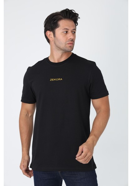Siyah Tişört - Ön Orta Kısımda Sarı Nakışlı "zekora" Yazı modelleri
