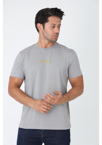 Gri Tişört - Ön Orta Kısımda Sarı Nakışlı "zekora" Yazı modelleri