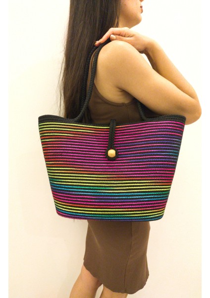 Tasarım Düğmeli Renkli Kadın Kol ve Omuz Çantası Yıkanabilir Kordon Ip Çanta