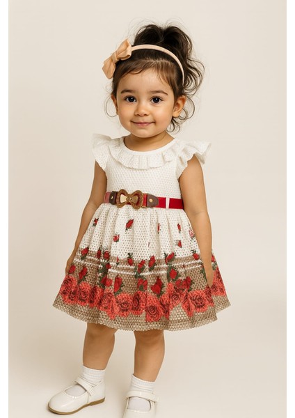 Kız Çocuk Dantel Detaylı Desenli Elbise ve Kemer