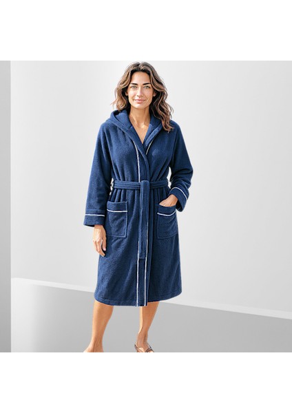 % 100 Pamuklu Laodikeia Kapşonlu Bornoz Kadın Erkek Unisex Lacivert