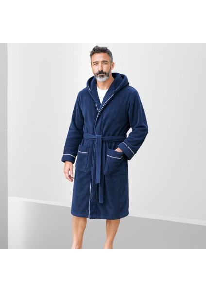 % 100 Pamuklu Laodikeia Kapşonlu Bornoz Kadın Erkek Unisex Lacivert modelleri