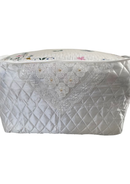 Incili Saten Beyaz Yorgan Hurcu Kapitoneli Çeyizlik Bohçalık 50 x 50 x 100 cm Kapitoneli Hurç