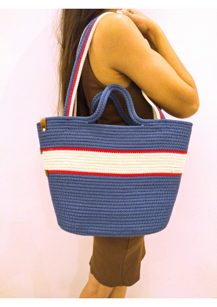 Tasarım Büyük Boy Kadın Kol ve Omuz Çantası Mavi Yıkanabilir Kordon Ip Çanta