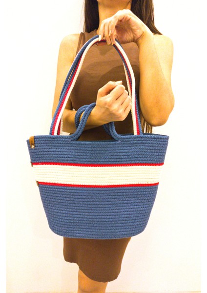 Tasarım Büyük Boy Kadın Kol ve Omuz Çantası Mavi Yıkanabilir Kordon Ip Çanta fiyatları