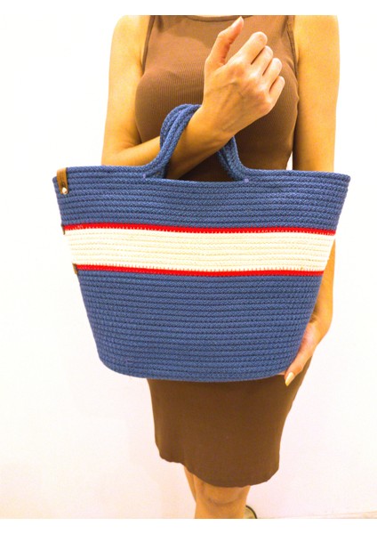 Tasarım Büyük Boy Kadın Kol ve Omuz Çantası Mavi Yıkanabilir Kordon Ip Çanta modelleri