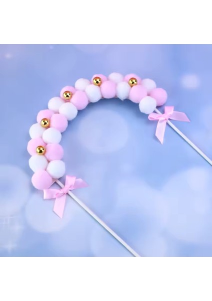 Pasta Kek Dekorasyon Pembe Beyaz Tüy Topu Kemer Balon Kek Toppers Doğum Günü Partisi Dekor Süsü
