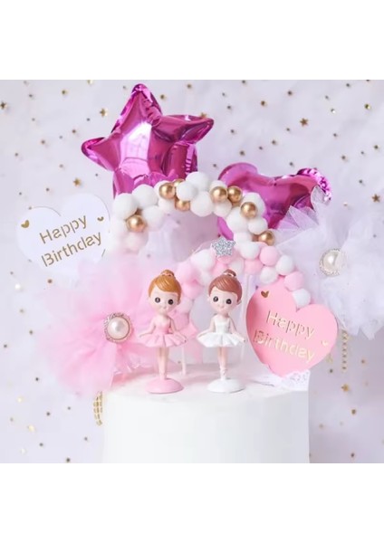 Pasta Kek Dekorasyon Pembe Beyaz Tüy Topu Kemer Balon Kek Toppers Doğum Günü Partisi Dekor Süsü fiyatları