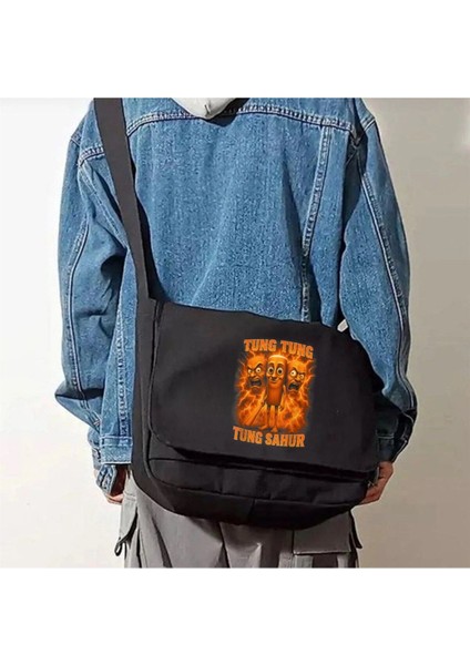 Siyah Unisex Sahur Baskılı Postacı Çantası, Şık ve Kullanışlı Günlük Çanta