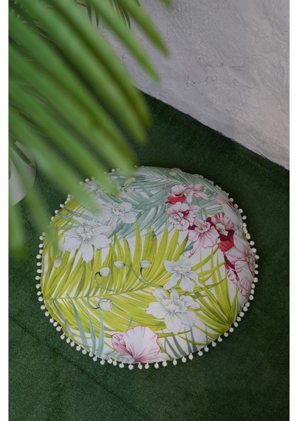 Çiçek Desenli 3 - Yıkanabilir Kılıflı Yer Minderi – Çift Taraflı Ponponlu - Koltuk Yastığı, Meditasyon Yastığı, Oturma Odası Veya Balkon