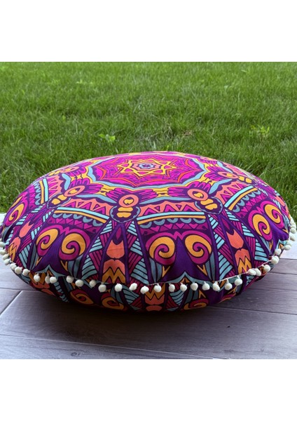 Mandala 1 - Yıkanabilir Kılıflı Yer Minderi – Çift Taraflı Ponponlu - Koltuk Yastığı, Meditasyon Yastığı, Oturma Odası Veya Balkon