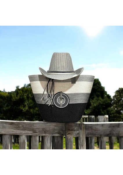 Hasır Çanta, Plaj Çantası ve Şapka 2'li Takım, El Emeği Plaj Çantası ve Plaj Şapkası, Siyah Gri Ekru