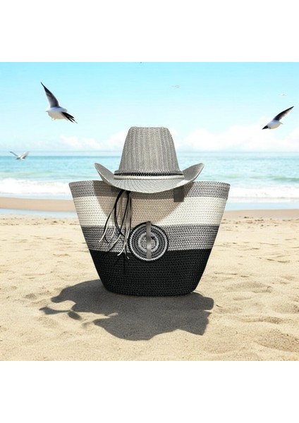 Hasır Çanta, Plaj Çantası ve Şapka 2'li Takım, El Emeği Plaj Çantası ve Plaj Şapkası, Siyah Gri Ekru fiyatları