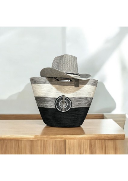 Hasır Çanta, Plaj Çantası ve Şapka 2'li Takım, El Emeği Plaj Çantası ve Plaj Şapkası, Siyah Gri Ekru modelleri