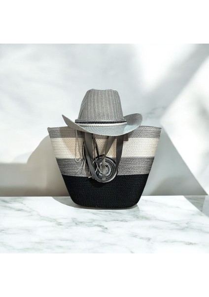 Hasır Çanta, Plaj Çantası ve Şapka 2'li Takım, El Emeği Plaj Çantası ve Plaj Şapkası, Siyah Gri Ekru fırsatları