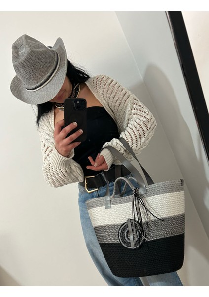 Hasır Çanta, Plaj Çantası ve Şapka 2'li Takım, El Emeği Plaj Çantası ve Plaj Şapkası, Siyah Gri Ekru indirimleri