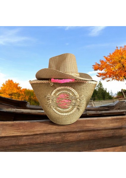 Hasır Çanta, Plaj Çantası ve Şapka 2'li Takım, El Emeği Plaj Çantası ve Plaj Şapkası, Pembe Detaylı