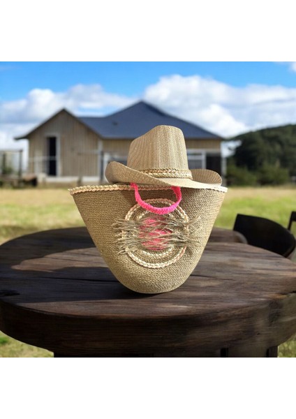 Hasır Çanta, Plaj Çantası ve Şapka 2'li Takım, El Emeği Plaj Çantası ve Plaj Şapkası, Pembe Detaylı fiyatları