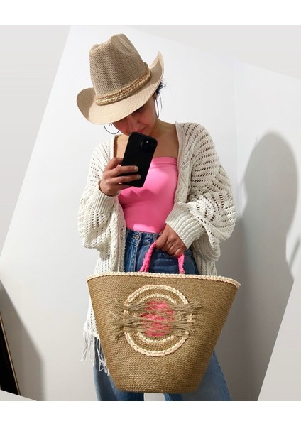 Hasır Çanta, Plaj Çantası ve Şapka 2'li Takım, El Emeği Plaj Çantası ve Plaj Şapkası, Pembe Detaylı modelleri
