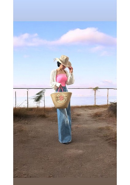 Hasır Çanta, Plaj Çantası ve Şapka 2'li Takım, El Emeği Plaj Çantası ve Plaj Şapkası, Pembe Detaylı fırsatları