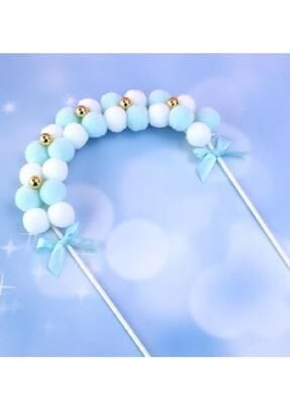 Pasta Kek Dekorasyon Mavi Beyaz Tüy Topu Kemer Balon Kek Toppers Doğum Günü Partisi Dekor Süsü