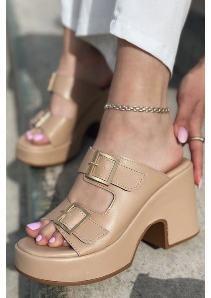 Livons Mat Deri Platform Topuklu Kadın Terlik Nude