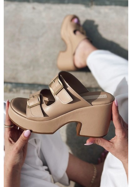 Livons Mat Deri Platform Topuklu Kadın Terlik Nude fırsatları