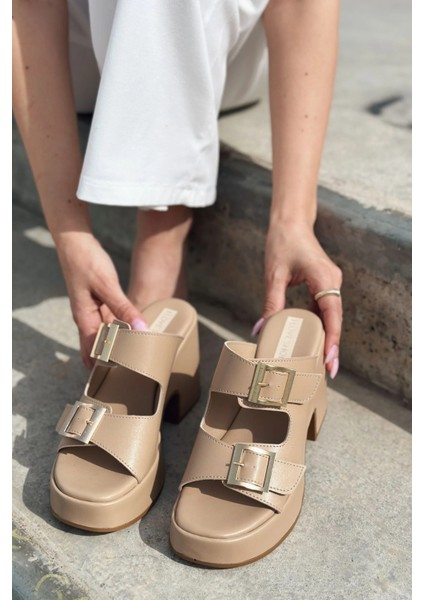 Livons Mat Deri Platform Topuklu Kadın Terlik Nude indirimleri