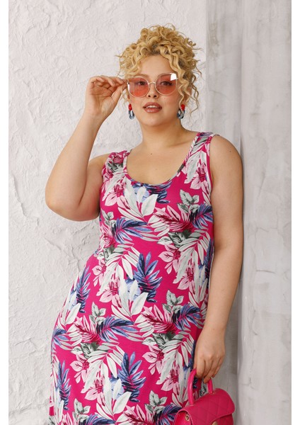 Kadın Pembe Beyaz Floral Desen Askılı Büyük Beden Elbise