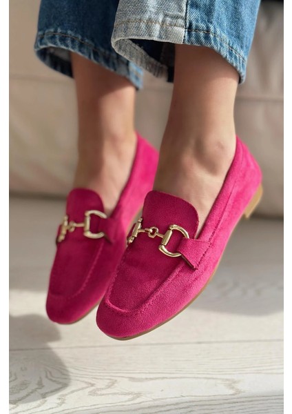 Lofin Süet Toka Detaylı Kadın Loafer Fuşya