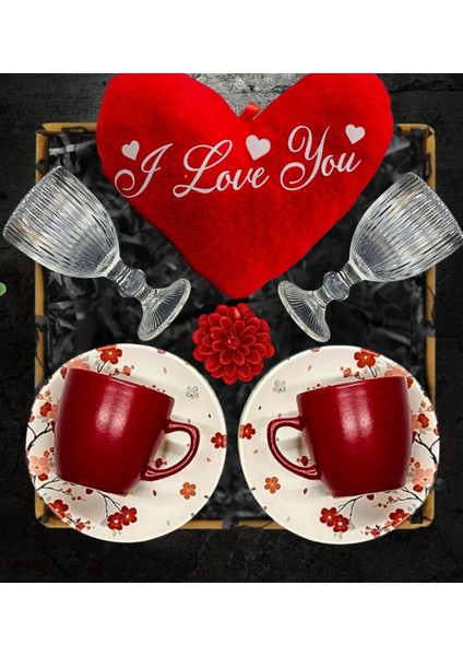 Kalp Yastıklı Kahve Fincanı Kahve Yanı Bardak Hediye Seti