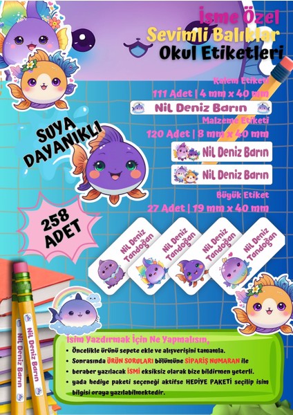 Sevimli Balıklar Temalı Kişiye Özel Suya Dayanıklı Okul Etiketi Seti – 258 Adet Isimli Çıkartma