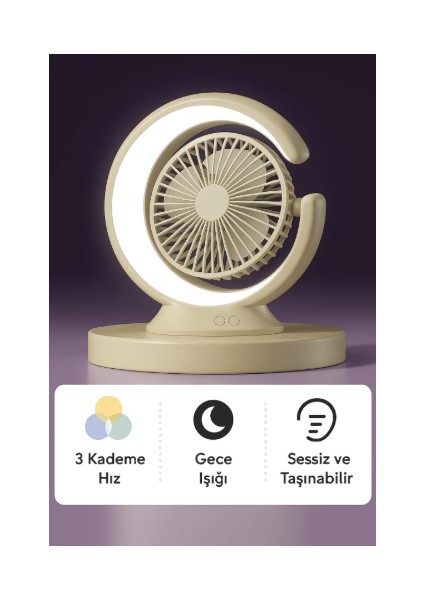 Şarjlı Masa Lambası Mini Fan 2400 Mah – 3 Kademeli Hız, Gece Işığı, Sessiz ve Taşınabilir