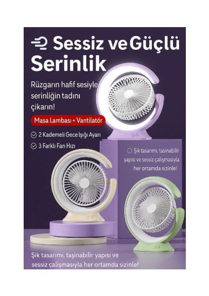 Şarjlı Masa Lambası Mini Fan 2400 Mah – 3 Kademeli Hız, Gece Işığı, Sessiz ve Taşınabilir modelleri