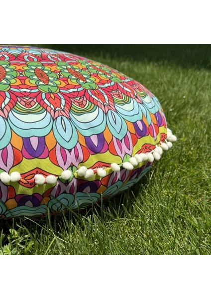 Mandala 4 - Yıkanabilir Kılıflı Yer Minderi – Çift Taraflı Ponponlu - Koltuk Yastığı, Meditasyon Yastığı, Oturma Odası Veya Balkon
