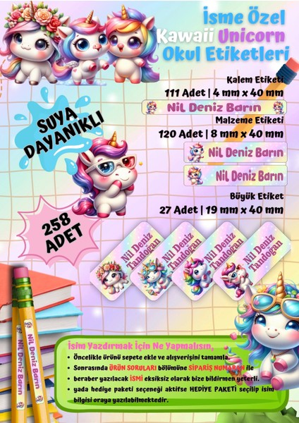 Yeni Unicorn Temalı Kişiye Özel Suya Dayanıklı Okul Etiketi Seti – 258 Adet Isimli Çıkartma