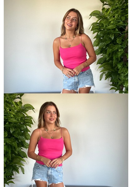Yeni Sezon Kadın Ince Askılı Pembe Crop Atlet Basic Düz Renk Vücuda Oturan Yazlık Askılı Bluz