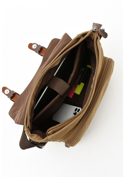 Şık ve Kullanışlı Bej Kanvas Postacı Çantası, Omuz ve Laptop Bölmeli, Günlük Kullanım Için. fırsatları