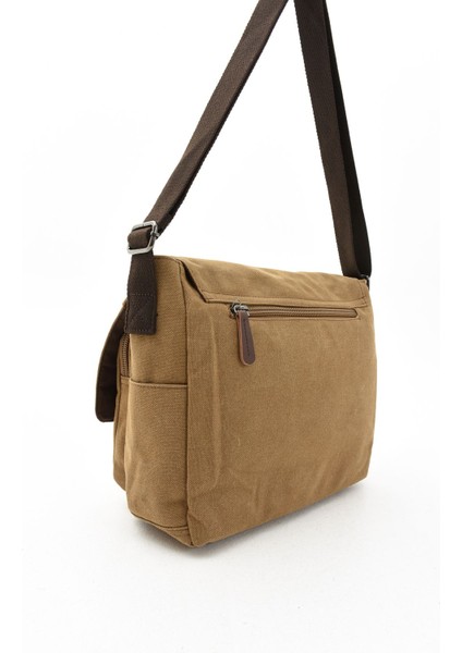 Şık ve Kullanışlı Bej Kanvas Postacı Çantası, Omuz ve Laptop Bölmeli, Günlük Kullanım Için.