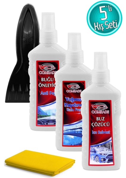 5li Kışlık Oto Araç Bakım Seti Buğu Önleyici + Yağmur Kaydırıcı + Buz Çözücü Sprey Buz Kazıyıcı Set