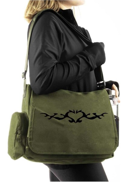 Yeşil Unisex Postacı Çantası, Clawed Heart Baskılı, Şık ve Pratik Tasarım