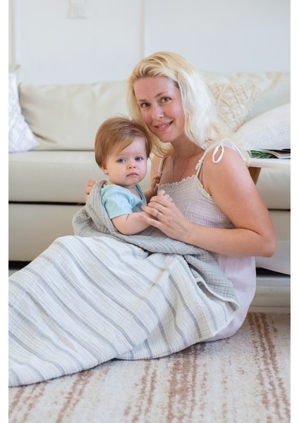 4 Katlı Premium %100 Pamuk Müslin Battaniye| 120x120 cm | Gri Çizgili fırsatları