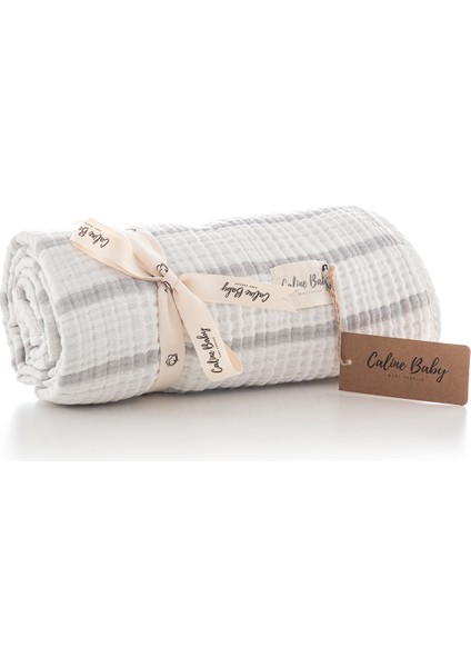 4 Katlı Premium %100 Pamuk Müslin Battaniye| 120x120 cm | Gri Çizgili