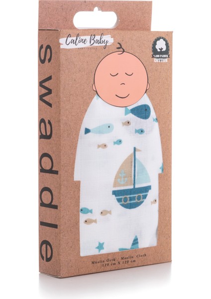 %100 Pamuk Premium & Hafif Müslin Bezi Örtüsü I 120x120 cm I Turkuaz I Gemi Desenli & 4 Adet Ağız Mendili 27x27cm fırsatları