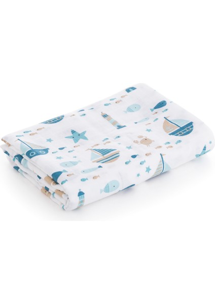 %100 Pamuk Premium & Hafif Müslin Bezi Örtüsü I 120x120 cm I Turkuaz I Gemi Desenli & 4 Adet Ağız Mendili 27x27cm modelleri