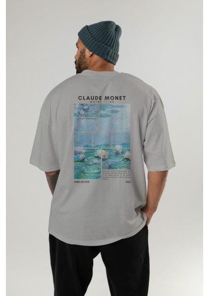 Claude Monet Arka Baskılı Oversize T-Shirt Erkek Kadın Bisiklet Yaka Pamuk Tişort fırsatları