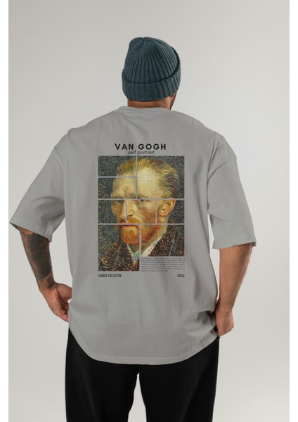 Van Gogh Self Portrait Arka Baskılı Oversize T-Shirt Erkek Kadın Bisiklet Yaka Pamuk Tişort