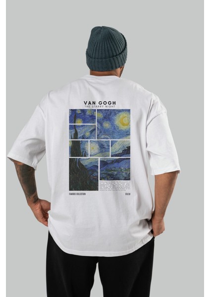 Van Gogh The Starry Night Arka Baskılı Oversize T-Shirt Erkek Kadın Bisiklet Yaka Pamuk Tişort